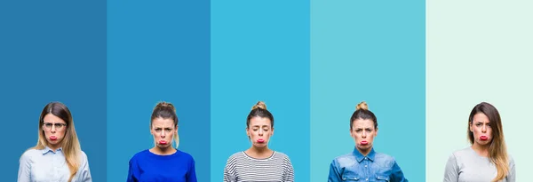 Collage Joven Hermosa Mujer Sobre Rayas Azules Aislado Fondo Deprimido —  Fotos de Stock