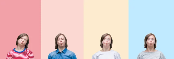 Colagem Mulher Síndrome Sobre Listras Coloridas Fundo Isolado Fazendo Cara — Fotografia de Stock