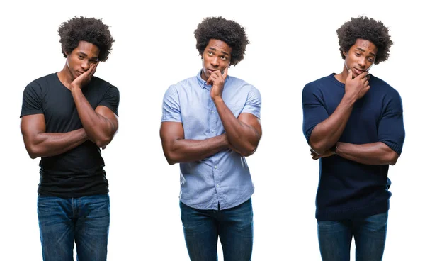 Colagem Afro Americano Jovem Bonito Homem Sobre Fundo Isolado Pensando — Fotografia de Stock