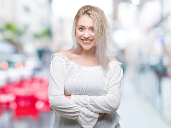 Mujer Rubia Joven Sobre Fondo Aislado Cara Feliz Sonriendo Con — Foto de Stock