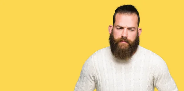 Homem Jovem Hipster Vestindo Camisola Inverno Com Mão Estômago Porque — Fotografia de Stock