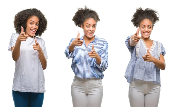 Колаж Афро Американських Жінка Над Ізольованих Фону Вказуючи Пальцем Камери — стокове фото