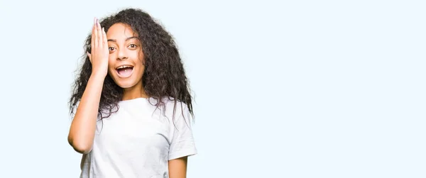 Young Beautiful Girl Curly Hair Wearing Casual White Shirt Covering — Stock Photo, Image