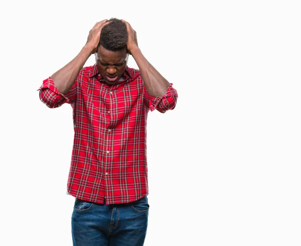 Jovem Afro Americano Sobre Fundo Isolado Sofrendo Dor Cabeça Desesperada — Fotografia de Stock