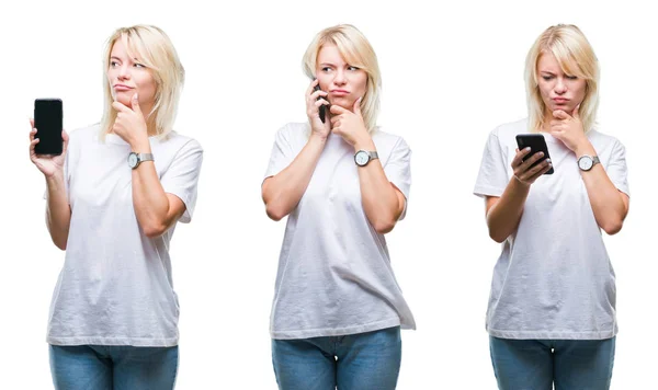 Collage Hermosa Mujer Rubia Usando Teléfono Inteligente Sobre Fondo Aislado —  Fotos de Stock