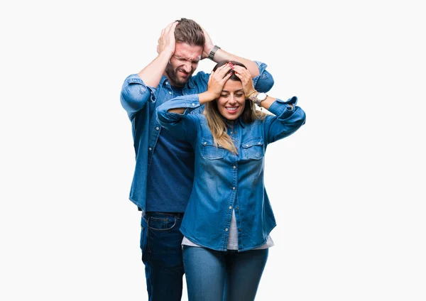 Young Couple Love Isolated Background Suffering Headache Desperate Stressed Because — Stock Photo, Image