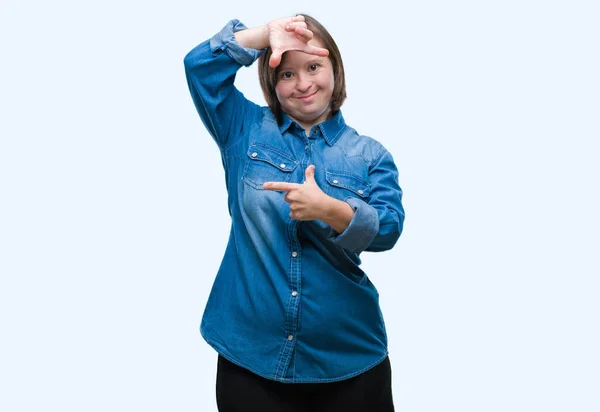 Mladé Dospělé Ženy Downovým Syndromem Izolované Pozadí Provedení Rámu Rukama — Stock fotografie
