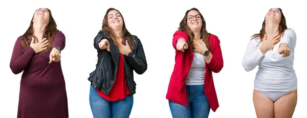 Collage Hermosa Mujer Tamaño Grande Sobre Fondo Aislado Riéndose Apuntando — Foto de Stock