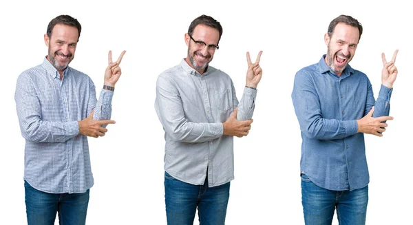 Collage Handsome Senior Business Man White Isolated Background Smiling Happy — Stock Photo, Image