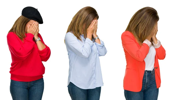 Collage Hermosa Mujer Mediana Edad Sobre Fondo Blanco Aislado Con — Foto de Stock