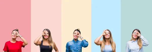 Collage Von Jungen Schönen Frau Über Bunten Streifen Isolierten Hintergrund — Stockfoto