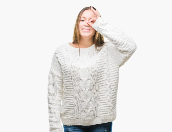 Young Beautiful Caucasian Woman Wearing Winter Sweater Isolated Background Doing — Stock Photo, Image