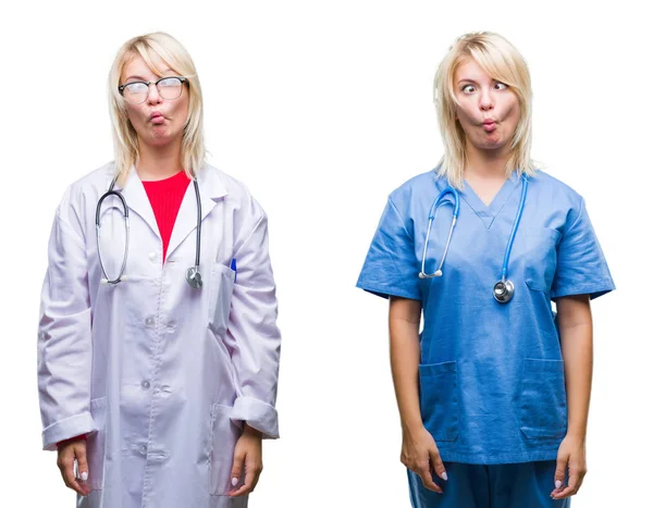 Collage Läkare Och Sjuksköterska Kvinna Över Vit Isolerade Bakgrund Gör — Stockfoto