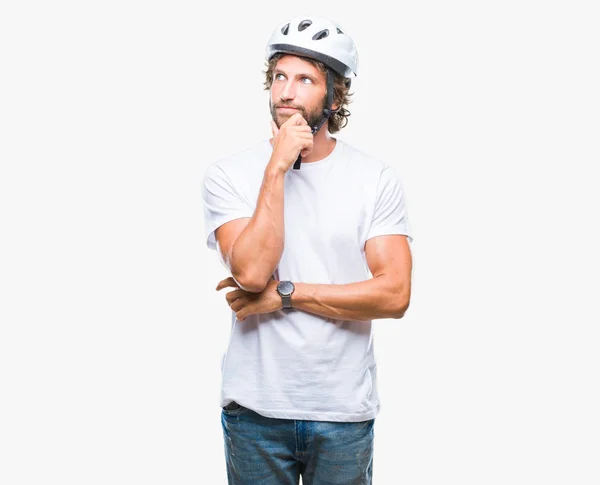 Handsome Hispanic Cyclist Man Wearing Safety Helmet Isolated Background Hand — Stock Photo, Image