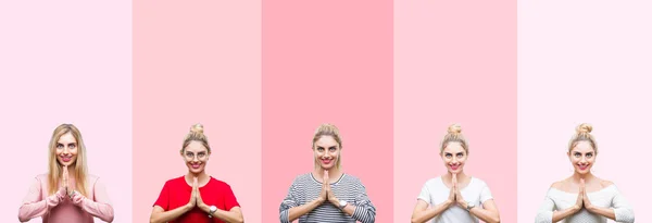 Collage Van Jonge Mooie Blonde Vrouw Levendige Kleurrijke Vintage Roze — Stockfoto