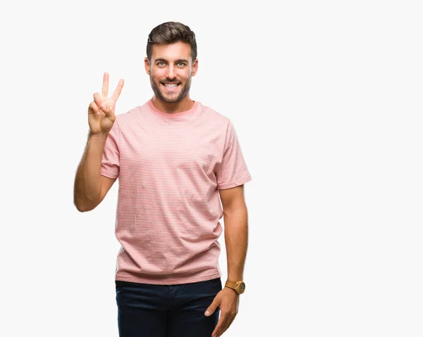 Joven Hombre Guapo Sobre Fondo Aislado Mostrando Señalando Hacia Arriba —  Fotos de Stock