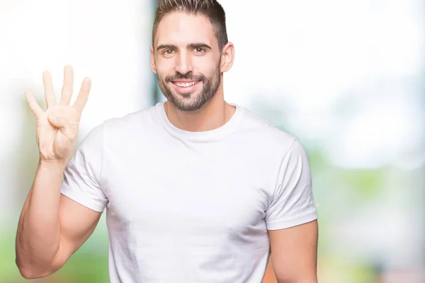 Joven Hombre Vistiendo Casual Camiseta Blanca Sobre Fondo Aislado Mostrando — Foto de Stock