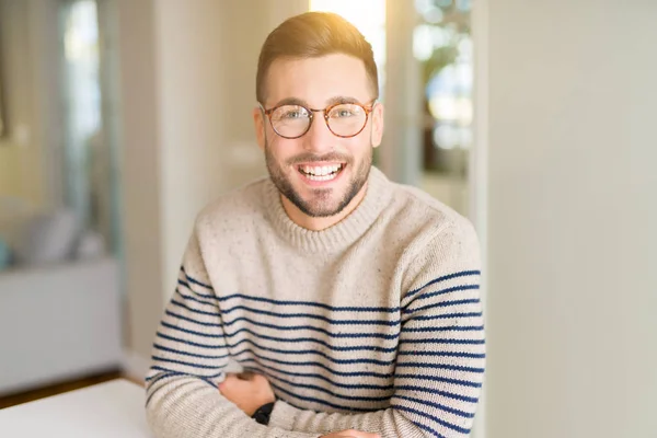 Young Handsome Man Wearing Glasses Home Happy Cool Smile Face — Stock Photo, Image