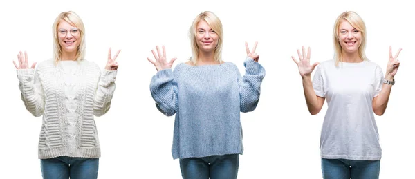 Colagem Bela Mulher Loira Usando Camisola Inverno Sobre Fundo Isolado — Fotografia de Stock