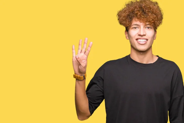 Young Handsome Man Afro Hair Wearing Black Shirt Showing Pointing — Stock Photo, Image