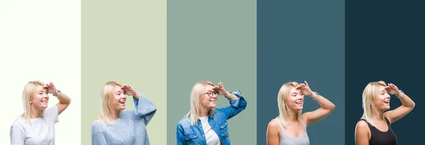 Collage Vacker Blond Kvinna Över Gröna Vintage Isolerad Bakgrund Mycket — Stockfoto