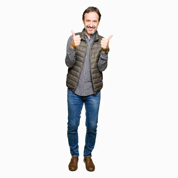 Middle Age Handsome Man Wearing Winter Vest Success Sign Doing — Stock Photo, Image