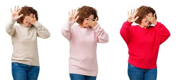 Collage Mujer Mayor Mediana Edad Vistiendo Suéter Invierno Sobre Fondo — Foto de Stock