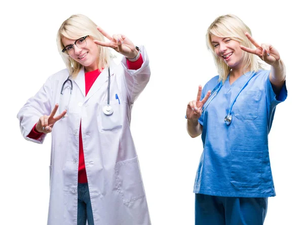 Kolaż Kobieta Lekarz Pielęgniarka Białym Tle Uśmiechnięty Patrząc Kamery Pokazujące — Zdjęcie stockowe