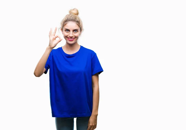 Joven Hermosa Rubia Azul Ojos Mujer Vistiendo Camiseta Azul Sobre — Foto de Stock