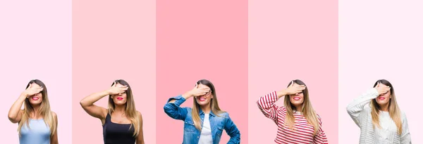 Collage Von Jungen Schönen Frau Über Rosa Streifen Isoliert Hintergrund — Stockfoto