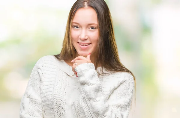 Mladá Krásná Kavkazský Žena Nosí Zimní Svetr Izolované Pozadí Sebevědomým — Stock fotografie