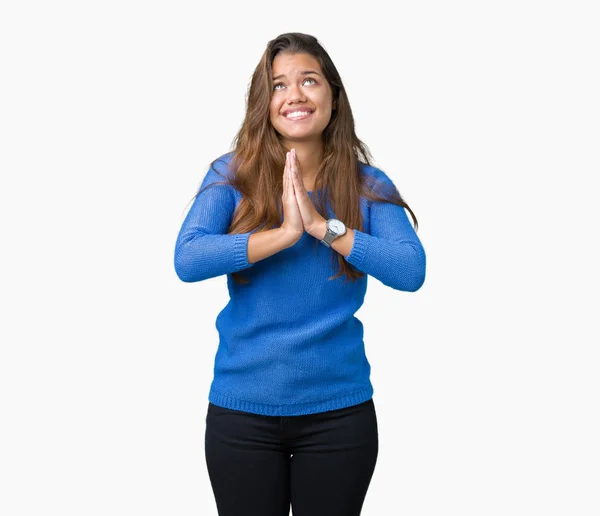 Junge Schöne Brünette Frau Blauem Pullover Über Isoliertem Hintergrund Bettelt — Stockfoto