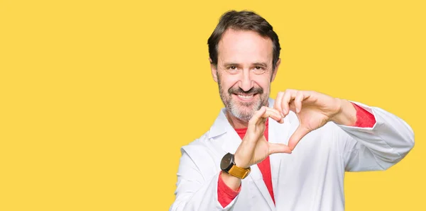 Middle Age Therapist Wearing White Coat Smiling Love Showing Heart — Stock Photo, Image