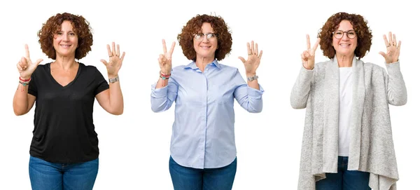 Collage Einer Seniorin Mittleren Alters Über Weißem Isoliertem Hintergrund Die — Stockfoto