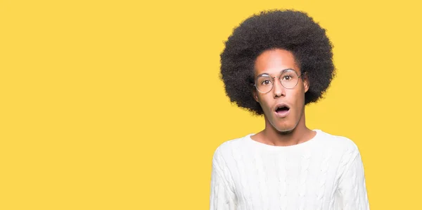 Young African American Man Afro Hair Wearing Glasses Shock Face — Stock Photo, Image