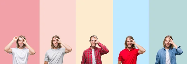 Collage Giovane Bell Uomo Strisce Colorate Sfondo Isolato Facendo Gesto — Foto Stock