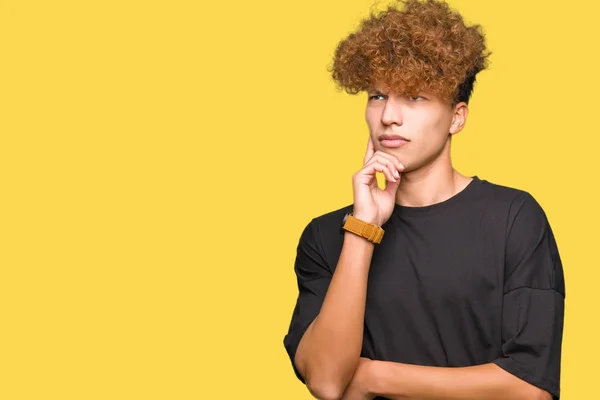 Young Handsome Man Afro Hair Wearing Black Shirt Hand Chin — Stock Photo, Image