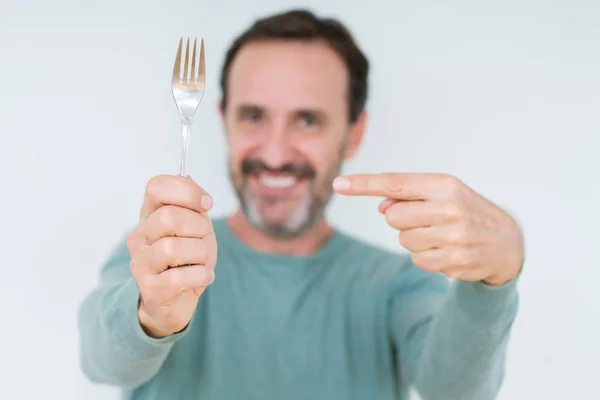 Senior Man Holding Silver Fork Isolated Background Very Happy Pointing — Stock Photo, Image