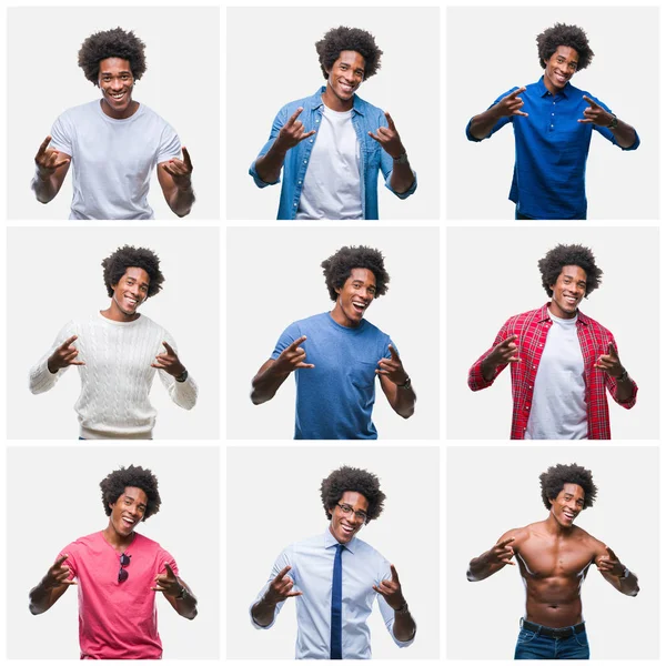 Koláž Afrických Amerických Mladíka Izolované Pozadí Křičí Šílený Výraz Dělá — Stock fotografie