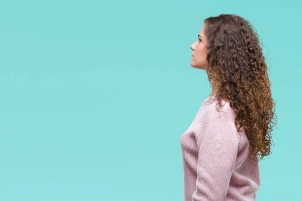 Schöne Brünette Lockige Haare Junges Mädchen Trägt Rosa Winterpullover Über — Stockfoto