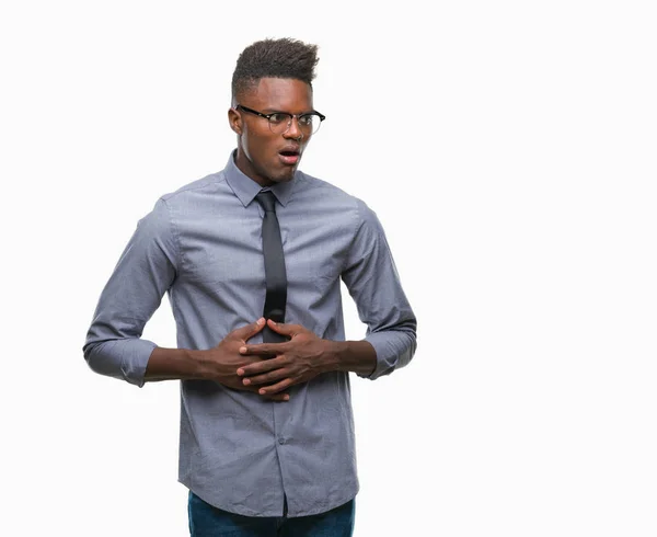 年轻的非洲裔美国商人在孤立的背景与手在胃部 因为消化不良 痛苦的疾病感觉不舒服 Ache — 图库照片