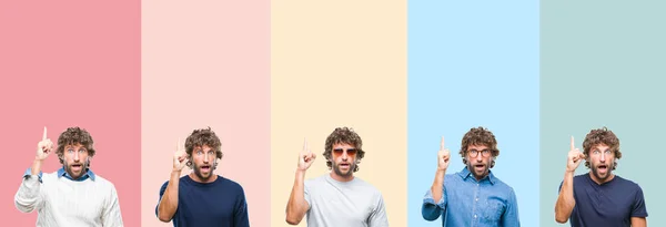 年轻的休闲男子拼贴在五颜六色的条纹孤立的背景指向手指与成功的想法 离开和快乐 — 图库照片
