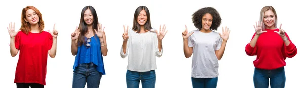 Collage Grupo Hermosas Mujeres Chinas Asiáticas Afroamericanas Caucásicas Sobre Fondo —  Fotos de Stock