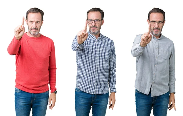 Colagem Homem Sênior Bonito Sobre Fundo Isolado Branco Apontando Com — Fotografia de Stock