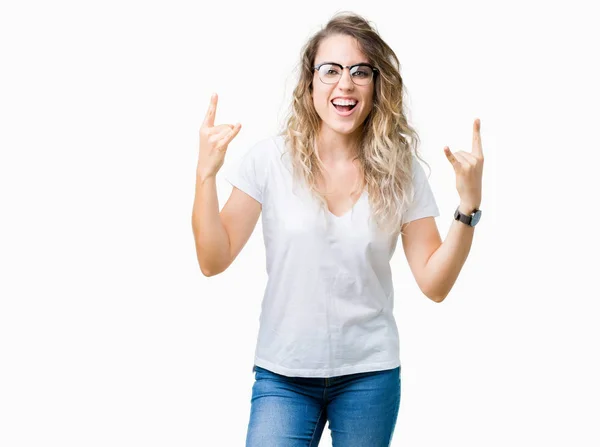 Beautiful Young Blonde Woman Wearing Glasses Isolated Background Shouting Crazy — Stok fotoğraf