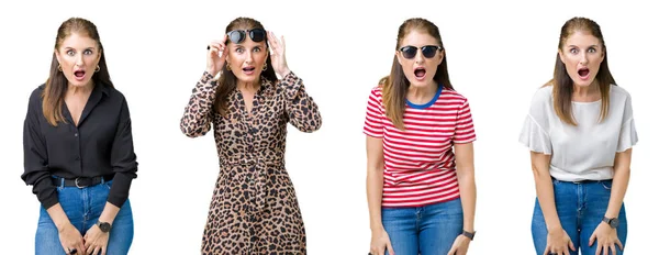 Collage Einer Schönen Frau Mittleren Alters Mit Isoliertem Hintergrund Verängstigt — Stockfoto