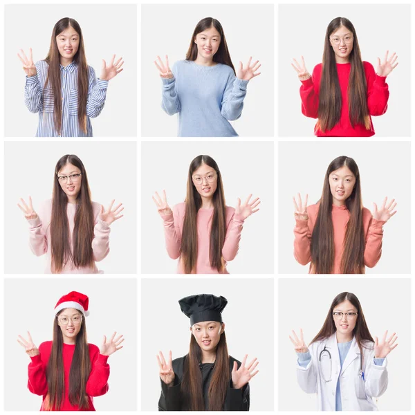 年轻医生拼贴 亚洲女厨师孤立的背景显示和手指指向八 同时微笑着自信和快乐 — 图库照片