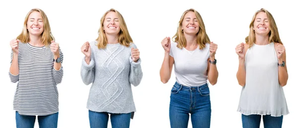 Collage Bella Donna Bionda Sfondo Bianco Isolato Eccitato Successo Con — Foto Stock