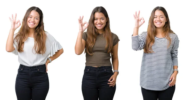 Collage Vackra Unga Kvinnan Över Isolerade Bakgrund Leende Positiva Gör — Stockfoto