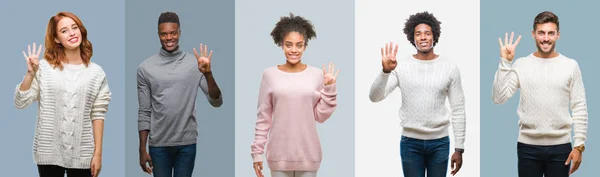 Collage Grupo Afroamericanos Hispanos Que Usan Suéter Invierno Sobre Fondo — Foto de Stock